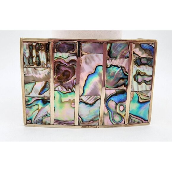Vintage Abalone Mosaic Western Belt Buckle Retro Mosaic Kaleidoscope Silver 80s - Picture 1 of 7